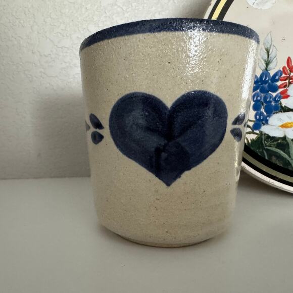 Rustic Blue Heart Stoneware Crock Cup – Handcrafted Folk Art Pottery - Picture 2 of 7